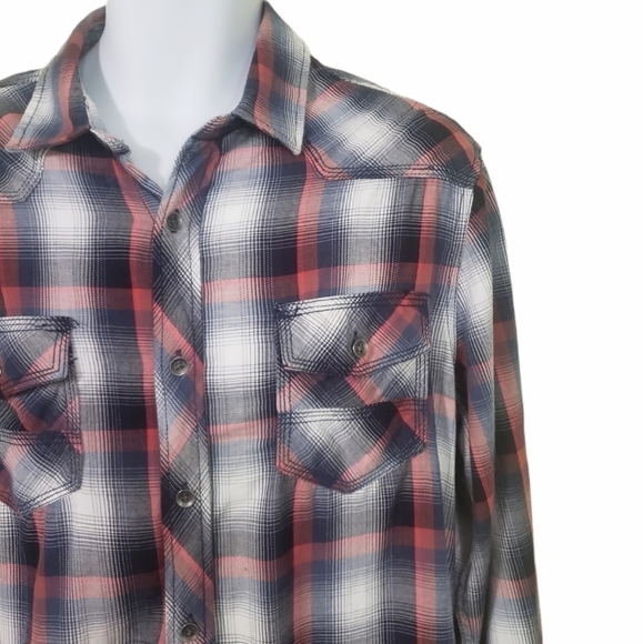𝅺Rock & Republic Plaid Party Fall Outdoor Roll-Sleeve Western Button Shirt Men - Picture 2 of 5